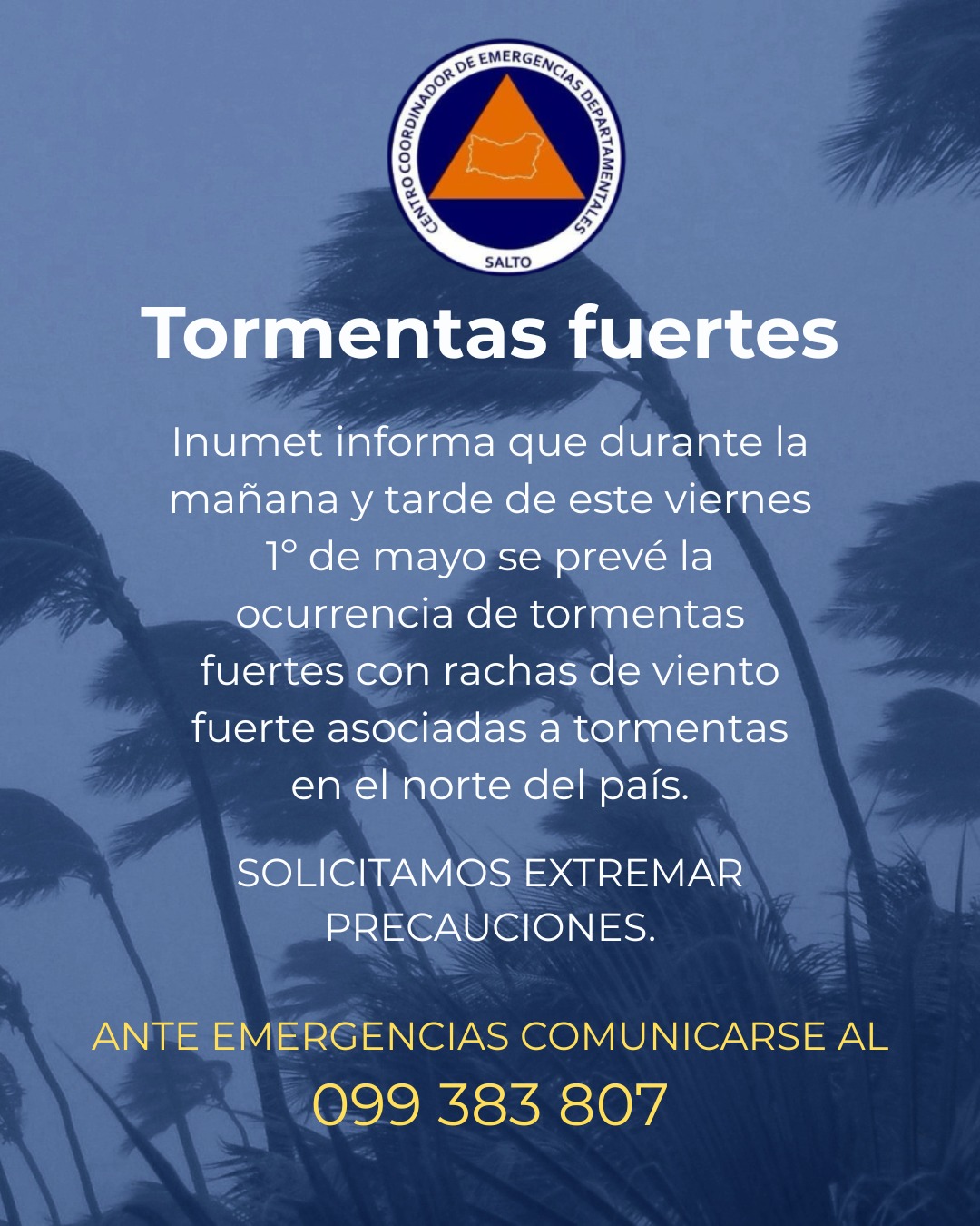 CECOED exhorta a extremar cuidados ante aviso de INUMET por tormentas fuertes en el norte del país CECOED exhorta a extremar cuidados ante aviso de INUMET por tormentas fuertes en el norte del país