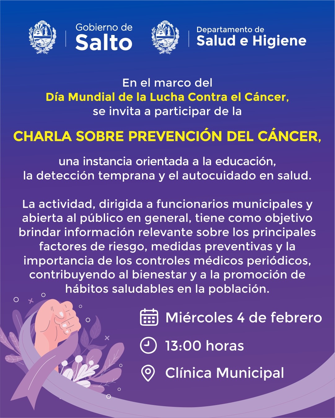 Este miércoles, en la Clínica Municipal, se realizará una charla sobre prevención del cáncer Este miércoles, en la Clínica Municipal, se realizará una charla sobre prevención del cáncer