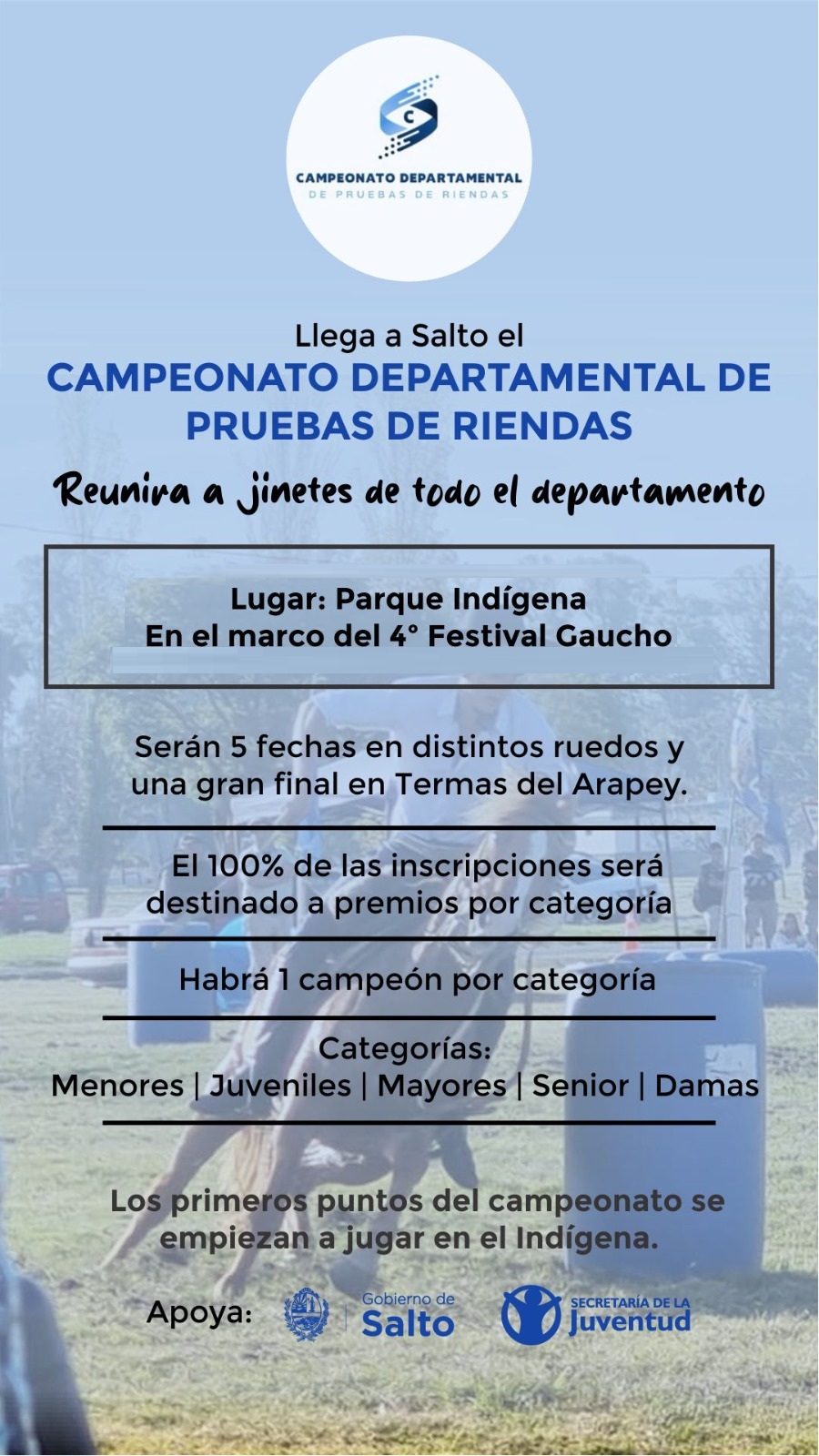 Se posterga la primera fecha del Campeonato Departamental de Pruebas de Riendas por pronóstico de mal tiempo Se posterga la primera fecha del Campeonato Departamental de Pruebas de Riendas por pronóstico de mal tiempo